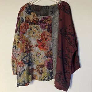 Dressori‎ Blouse Top Medium Kimono Sleeves Silk Blend Dark Floral Patchwork Boho